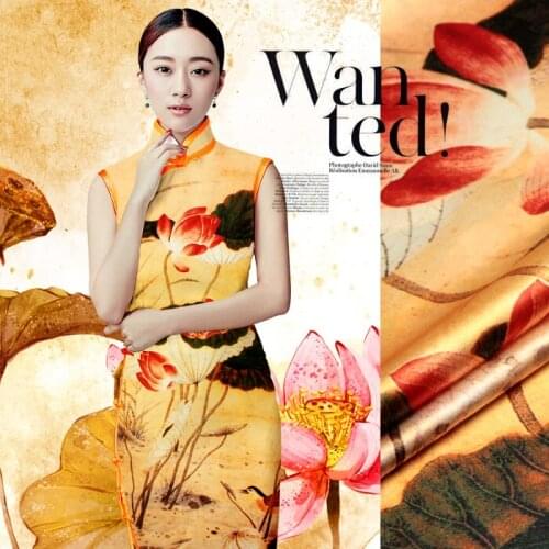 PRINTED SILK STRETCH SATIN 118cm width 19momme Pure Silk Fabric Yellow Color Chinese Qipao Dress Fabrics MOQ1.2M