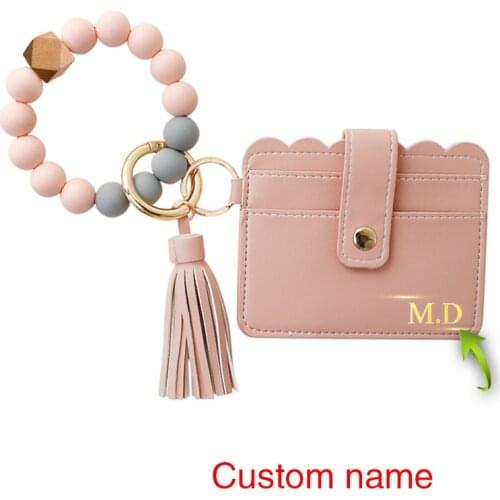 Custom Women Wristlet Card Holder Silicone Chain Beaded Bangle Wallet Bracelet Bangle Keychain Pocket Coin Purse Tassel Key Ring