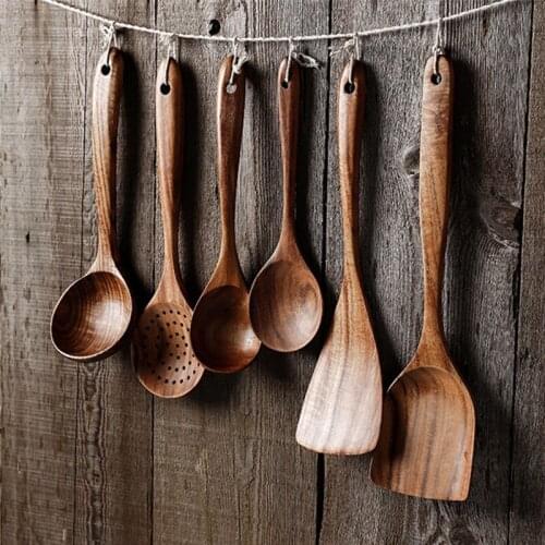 Teak Natural Wood Tableware Nonstick Special Spatula Cooking Long Handle Ladle Wooden Slotted Spoon Kitchen Tool