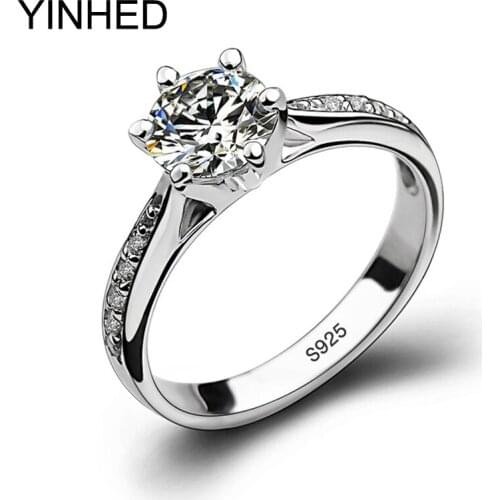YINHED 100% Solid 925 Sterling Silver Wedding Rings for Women Classic 1 Carat Round CZ Diamant Engagement Ring Jewelry ZR21