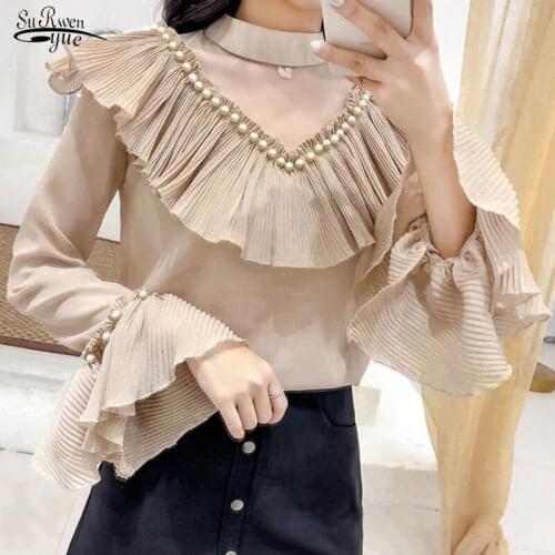 2020 Autumn New Fashion Elegant Ruffle Tops Clothes Western Style Hollow Out Long Sleeve Chiffon Blouse Chemisier Femme 10611