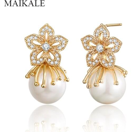MAIKALE Luxury Jewelry Flower Drop Earrings with Pearl Gold Silver Color AAA Cubic Zirconia Pearl Earrings for Women Accessories