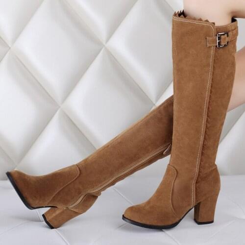 Faxu Suede Knee High Boots Women Shoes Fashion Long Tall Boot Female Block High Heels Flock Brown Autumn Winter Shoes Large Size