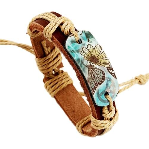 Gnova New Women & Girl Vintage Blue Butterfly Charm Bracelet Genuine Leather Bracelet Flowers Hippie Fashion Retro 70s