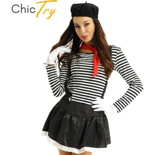 Women Adult French Artist Clown Circus Mime Costume Striped Tops Skirt with Beret Scarf Suspender and Gloves Roleplay Outfits