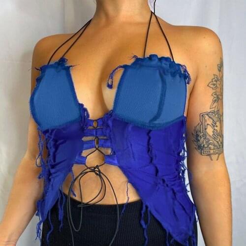 2020 Sexy Halter Cut Out Bangage Patchwork Crop Top Autumn Winter Women Fashion Backless Camis Club Outfits Streetwear Clothes