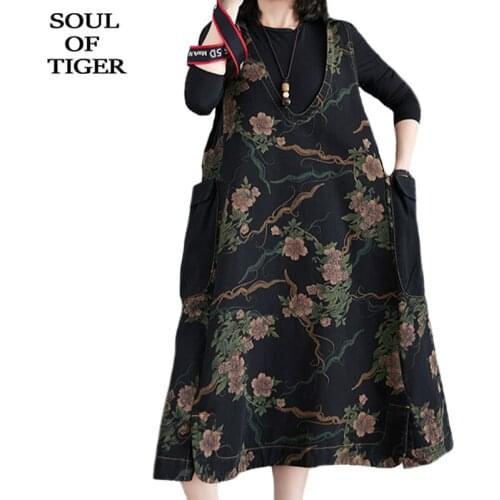 SOUL OF TIGER British Fashion Spring Clothes Women Printed Sleeveless Dresses Ladies Vintage Long Vestido Gothic Dress Plus Size