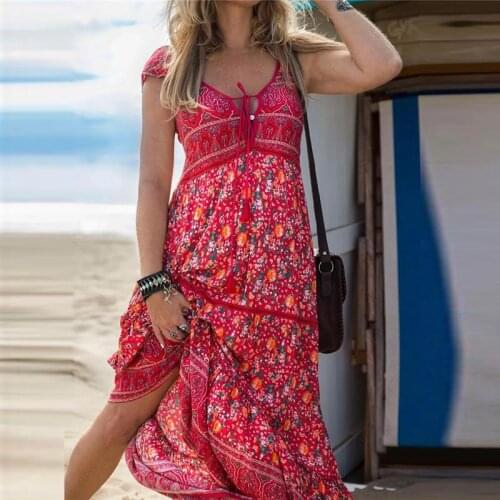 2021 Casual Vintage Floral Printed Boho Long Dress Sexy Tie-Up V Neck Lady Beach Maxi Dresses Women Elegant Party Dress Vestidos
