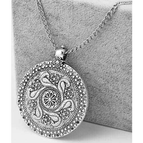 1PCS Large Bohemian Boho Medallion Round Pendant with Long Chain Lagenlook Necklace