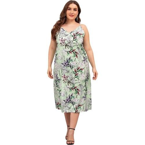 2021Summer Plus Size Womens Nightie Casual Simple V Neck Female Dress Pajamas Floral Print Suspender Skirt Home Party Sleepwear