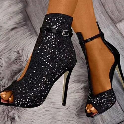 40# 2021 Shoes Women Sandals Ankle Straps High Heels Buckle Transparent Crystal Sandals Heel Pump Ladies Party Women Shoes Woman