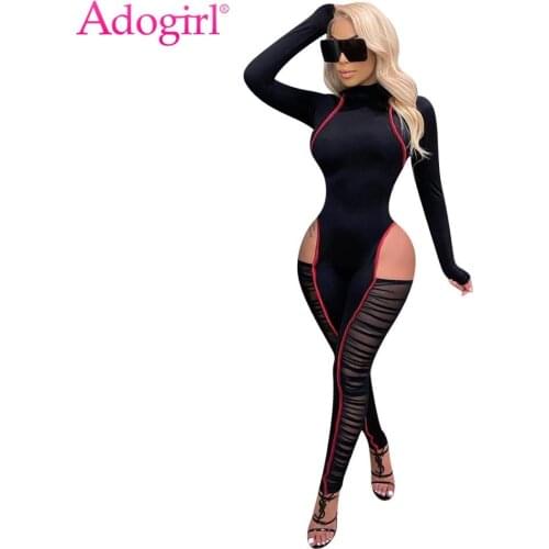 Adogirl Sexy Sheer Mesh Patchwork Rushed Jumpsuit Turtleneck Long Sleeve Skinny Pleated Romper One Piece Night Club Overall