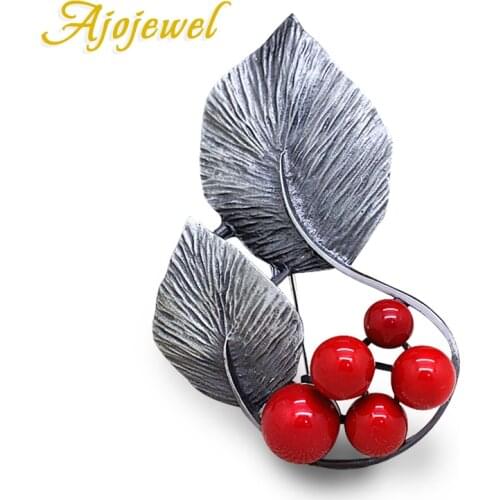 Ajojewel Antique Silver Color Leaf Brooch With Red Pearls Vintage Women Accessories Retro Jewelry Wholesale