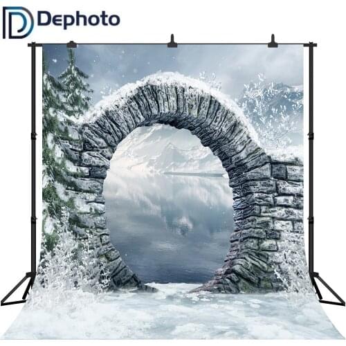 Dephoto Backdrop for Photographic Studio Winter Snow Mountain Lake Stone Arch Christmas Scenery Background Photobooth Photocall
