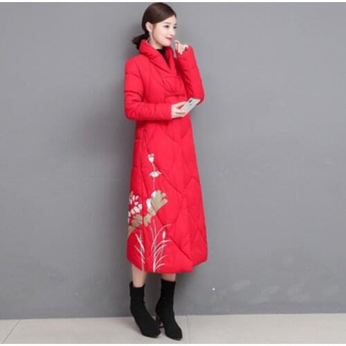 Cotton Long Vintage Casual 2021 New Fashion Print Winter Jacket Womens Flowers Single Breasted Stand Collar Parka Coat Female