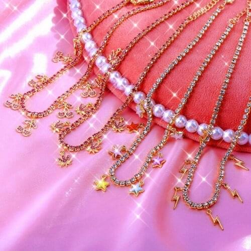 JJFOUCS 7 Pcs Star Lightning Cherry Leaf Pendant Necklace for Women Luxury Crystal Tennis Chain Choker Necklace Jewelry Gift