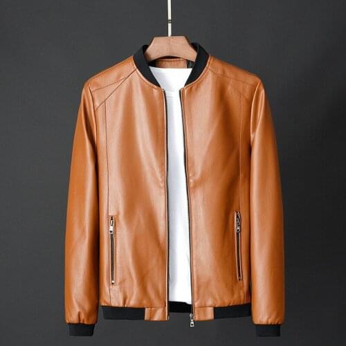 Orange Jacket Men PU Leather Cycling Jacket Men Slim Fit Faux Leather Male Stand Collar Long Sleeve Top Casual Boy Coat Oversize