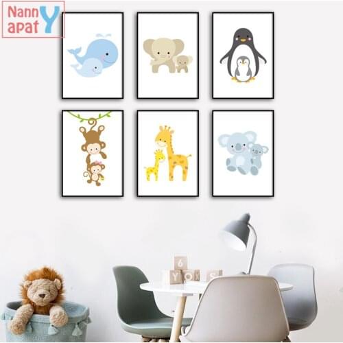 Cute Cartoon Koala Giraffe Monkey Whale Penguin Nursery Nordic Poster Wall Art Printed Canvas Painting Baby Kids Room Decoration