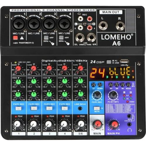 LOMEHO A6 Sound Mixing 6 Channels Blustooth Mobile USB Record Computer Playback 48v Phanton Power Input Audio Mixer