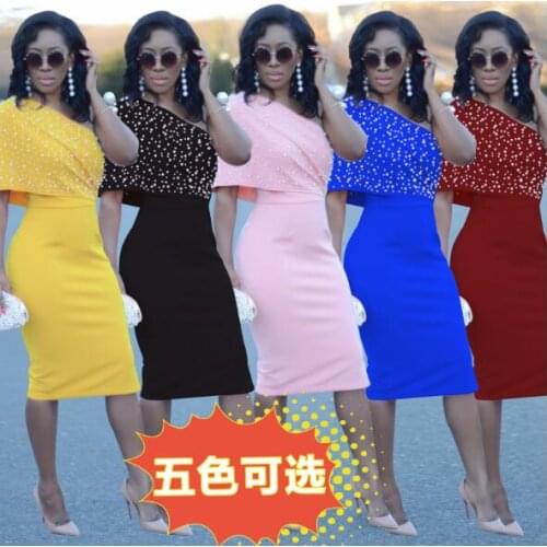 Fashion Women Pearl Beading sexy One Shoulder Sleeveless Package Hip Dress Vestidos Dress Bodycon Dresses vestidos verano