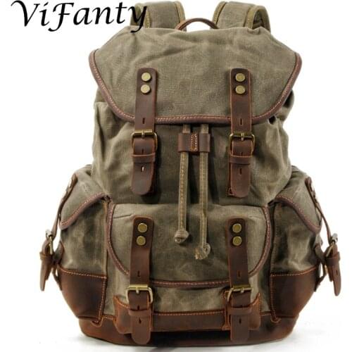 Men Travel Backpack,Leather-Waxed Canvas Shoulder Hiking Rucksack