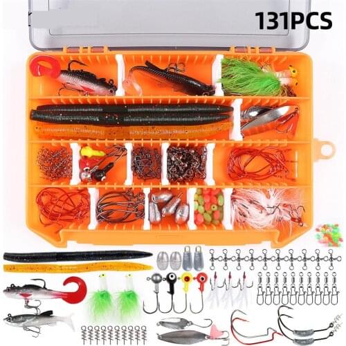 131pcs/set Soft Fishing Lures Kit Plastic Worms Sea Rod ISO Casting Rod Suit Jig Spoon Crankbait Fishing Tackle Accessory