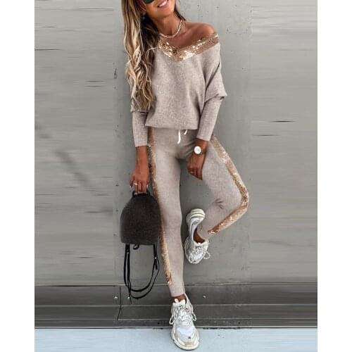 2021 summer new womens clothing sequins long sleep tops pants sethigh quality waist style material decoration origin gender age