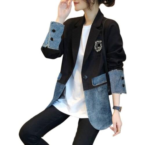 2021 Autumn Denim Jacket Coat Women Fashion Black Suit Stitching Denim Outerwear Female Loose Plus Size Jeans Jackets Women