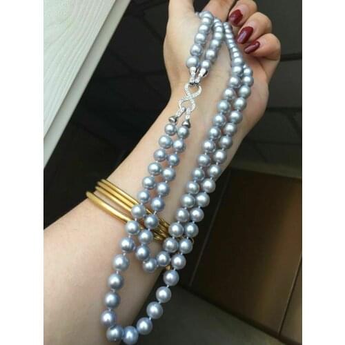 Hand knotted 2strands 8-9mm gray freshwater pearl necklace sweater chain long 45-50cm fashion jewelry