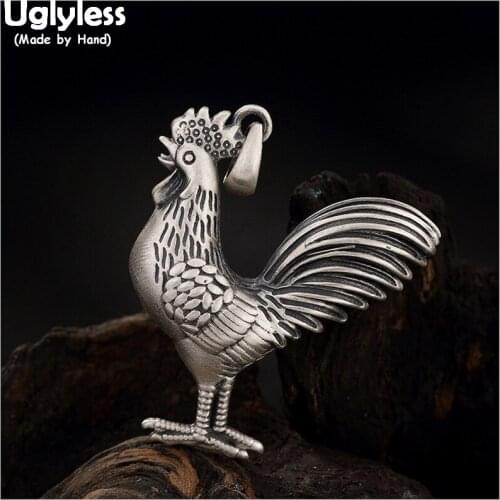 Uglyless Real 925 Sterling Silver Handmade 3D Cock Pendants without Necklaces Unisex Rooster Fine Jewelry Ethnic Vintage Bijoux