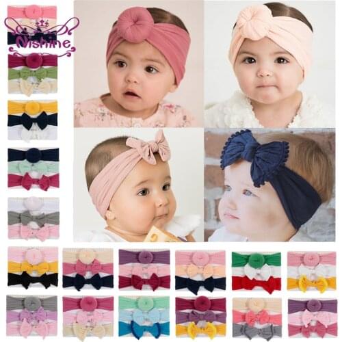 Nishine 3pcs/lot Fashion Baby Nylon Bow Headband Newborn Bowknot Round Ball Headwraps Girl Kids Hair Bands Cute Gifts Sets