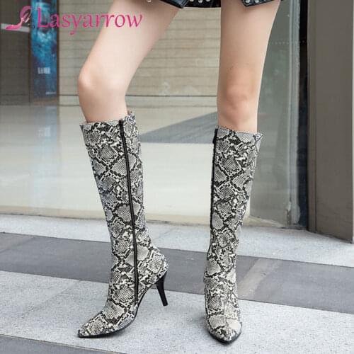 Lasyarrow Snake Print Knee High Boots Woman High Heel Long Boots Thin Heel Shoes Zip Pointed Toe Ladies Boots Green Plus Size