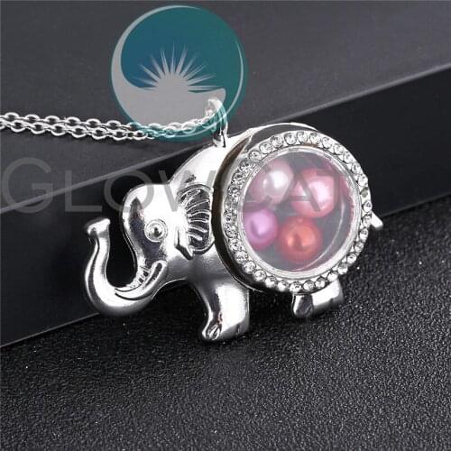 Silver Lucky Elephant Rhinestone Locket Necklace Beads Pearl Living Memory Photo Glass Locket Pendant Charm Necklace