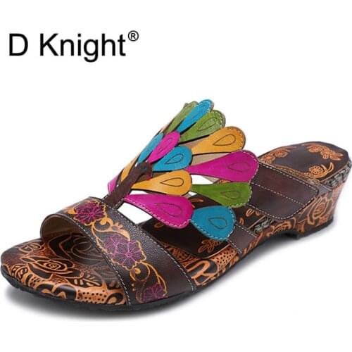 Genuine Leather Bohemian Luxury Slippers Women Shoes Vintage Handmade Peacock Design Summer Beach Slipper Slides Wedge Heels New