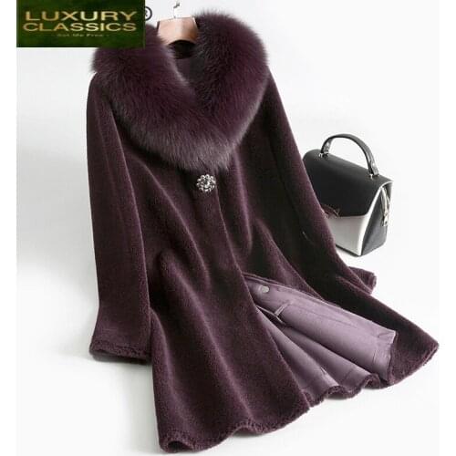 Female Real Fur Coat Autumn Winter Clothes 2021 Korean Long Fox Fur Collar Sheep Shearing Jacket Women Vintage Tops 1120
