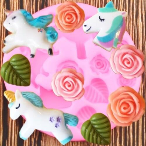 Unicorn Silicone Molds Rose Flower Cupcake Topper Fondant Mould Baby Birthday Cake Decorating Tools Candy Clay Chocolate Moulds