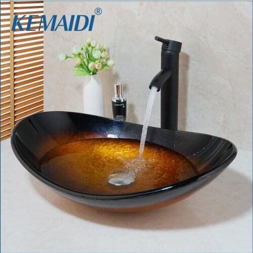 KEMAIDI Bathroom Black Tap Mixer Round Sink Faucet Vessel Drain Bathroom Glass Basin Vanity Waterfall Faucets Bath Accessaries