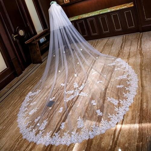 Gorgeous Sequins Lace Appliques 4m Long White ivory Cathedral Bridal Veil Bridal Head With Comb Wedding Accessories Two Layers