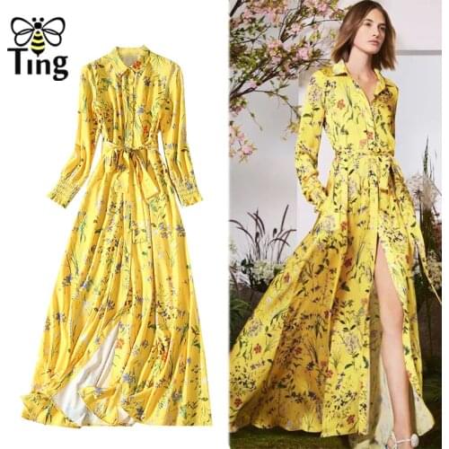 Tingfly 2020 Spring Designer Yellow Floral Print Slip Maxi Dress Vintage Single Breasted Long Casual Dress Boho Plus size Dress