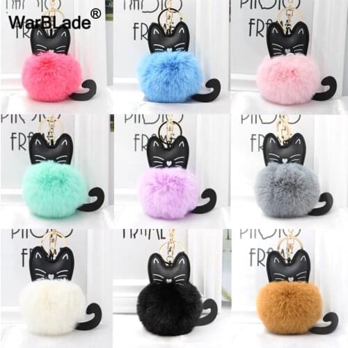WarBLade Cute Pompom Fluffy Cat Keychain Fluffy Rabbit Fur Ball Key Chain Porte Clef for Women Bag Car Key Ring Christmas Gifts