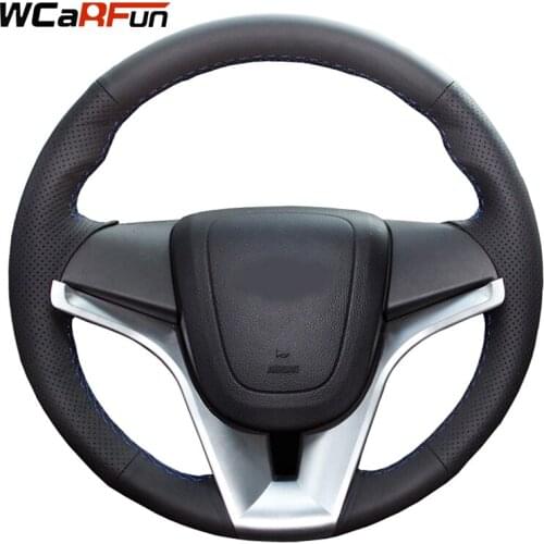 WCaRFun DIY Customized Name Hand Sewing Black Leather Hand-stitched Car Steering Wheel Cover for Chevrolet Cruze Aveo