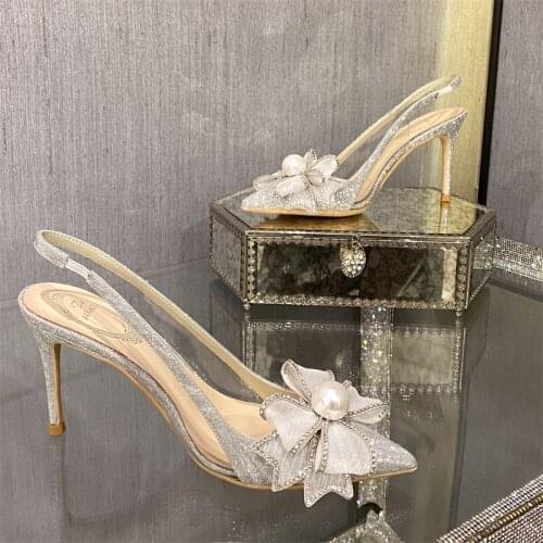 Summer new butterfly pearl stiletto crystal bridal wedding shoes large size small size banquet dress all-match female sandals