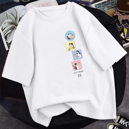 100% Cotton Summer Anime Harajuku T-shirts Kawaii Three Three Cat Teacher Pattern Casual Tees Women Loose Oversized T shirt Tops