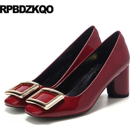 Ladies wine red patent leather metal thin pumps square toe block heels shoes for women 3 inch fashion nude size 33 high thick