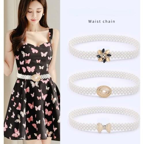 Womens Girl Pearl Flower Rhinestone Adornment Elastic Waist Chain with Dress Romantic Aristocratic Fashion Bride Female Belt