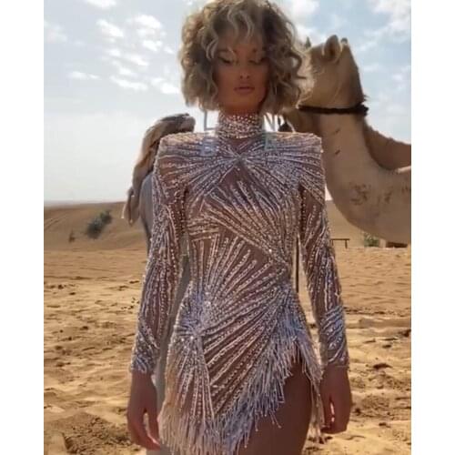 Silver Rhinestones Pearls Fringe Transparent Dress Bar Birthday Celebrate Dress High Neck Outfit Women Dance Dress