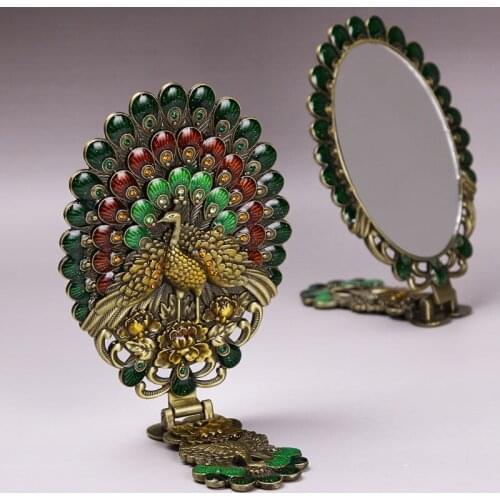 1PCS Vintage Tin Peacock Folding Handle Makeup Mirror Portable Retro Russian Ethnic Free Shipping Drop Shipping