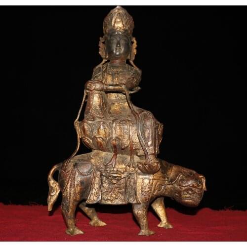 13"Chinese temple collection Old Bronze Cinnabar Lacquer Riding Beast Tara Bodhisattva Buddha Samantabhadra Enshrine the Buddha