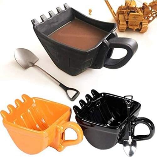 3D Creative Yellow Excavator Bucket Model Cafe Coffee Mug With Spade Shovel Spoon Funny Digger Ashtray Cake Container Tea Cup
