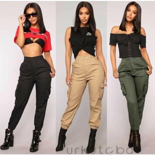 2020 Newest Hot Spring Autumn Women Stretch Waist Pants Military Solid Casual Army Camouflage Camo Cargo Trousers Casual Pants